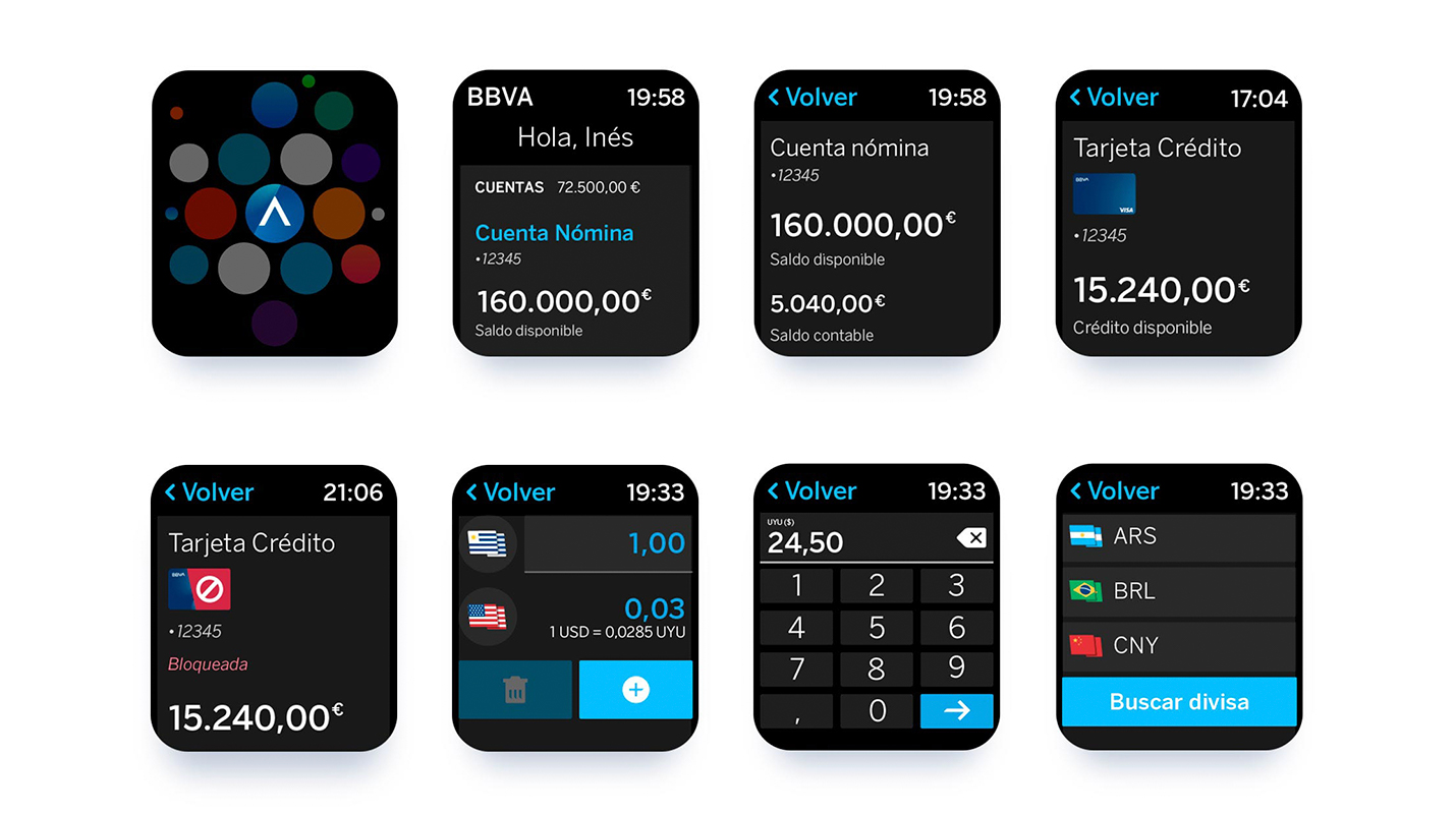 Imagen de prototipos de alta fidelidad en un smart watch para la aplicación bancaria del BBVA.